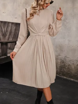 Pleated Waist Midi Dress with Long Sleeves