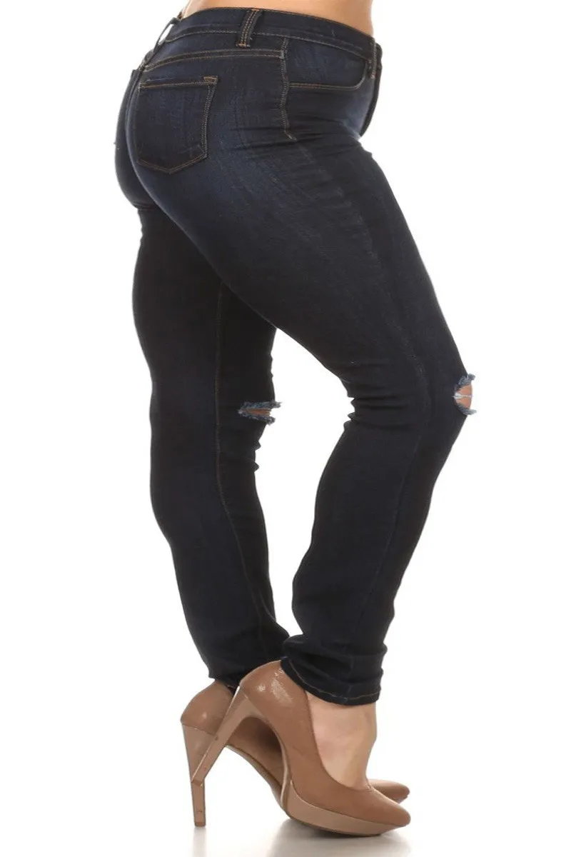 Plus Size Slashed Knee Denim Navy Blue Jeans