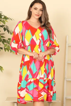 PLUS SIZE V-NECK QUARTER SLEEVE PRINTED DRESS