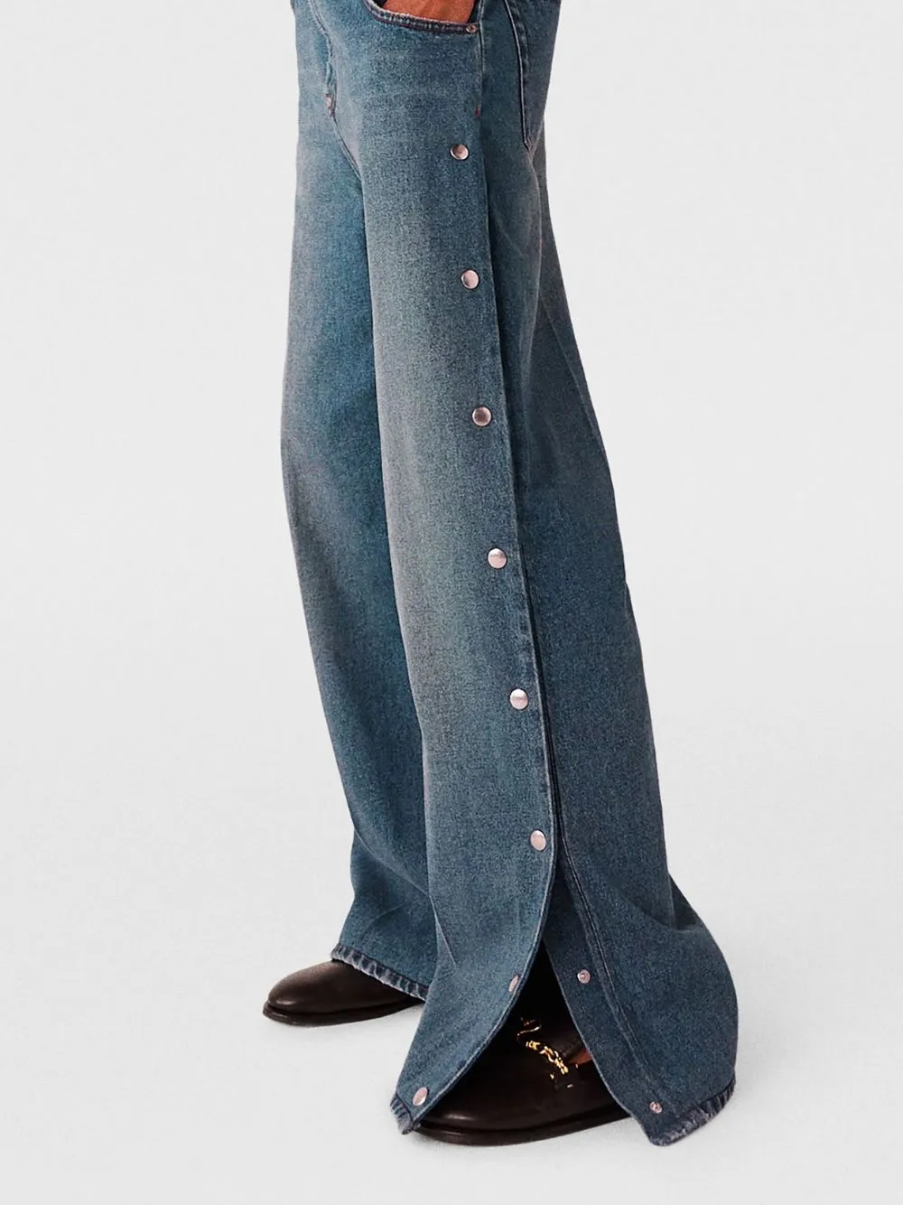 Popper-Studded Bootcut Washed Denim Jeans