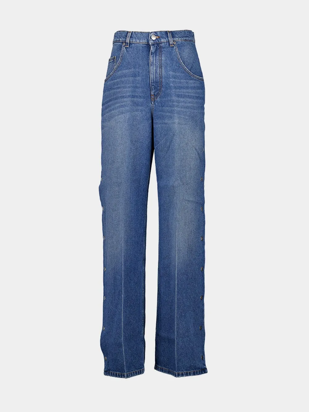 Popper-Studded Bootcut Washed Denim Jeans