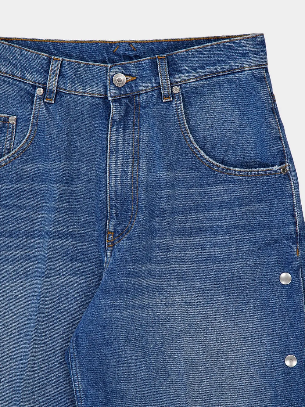Popper-Studded Bootcut Washed Denim Jeans