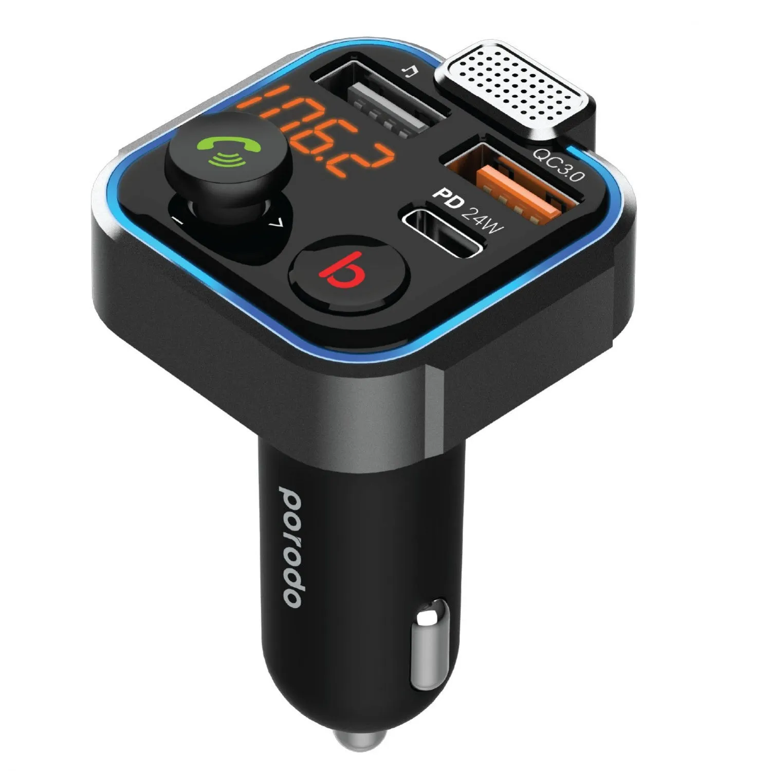 Porodo Smart Car Charger FM Transmitter With 24W PD Port and QC3.0