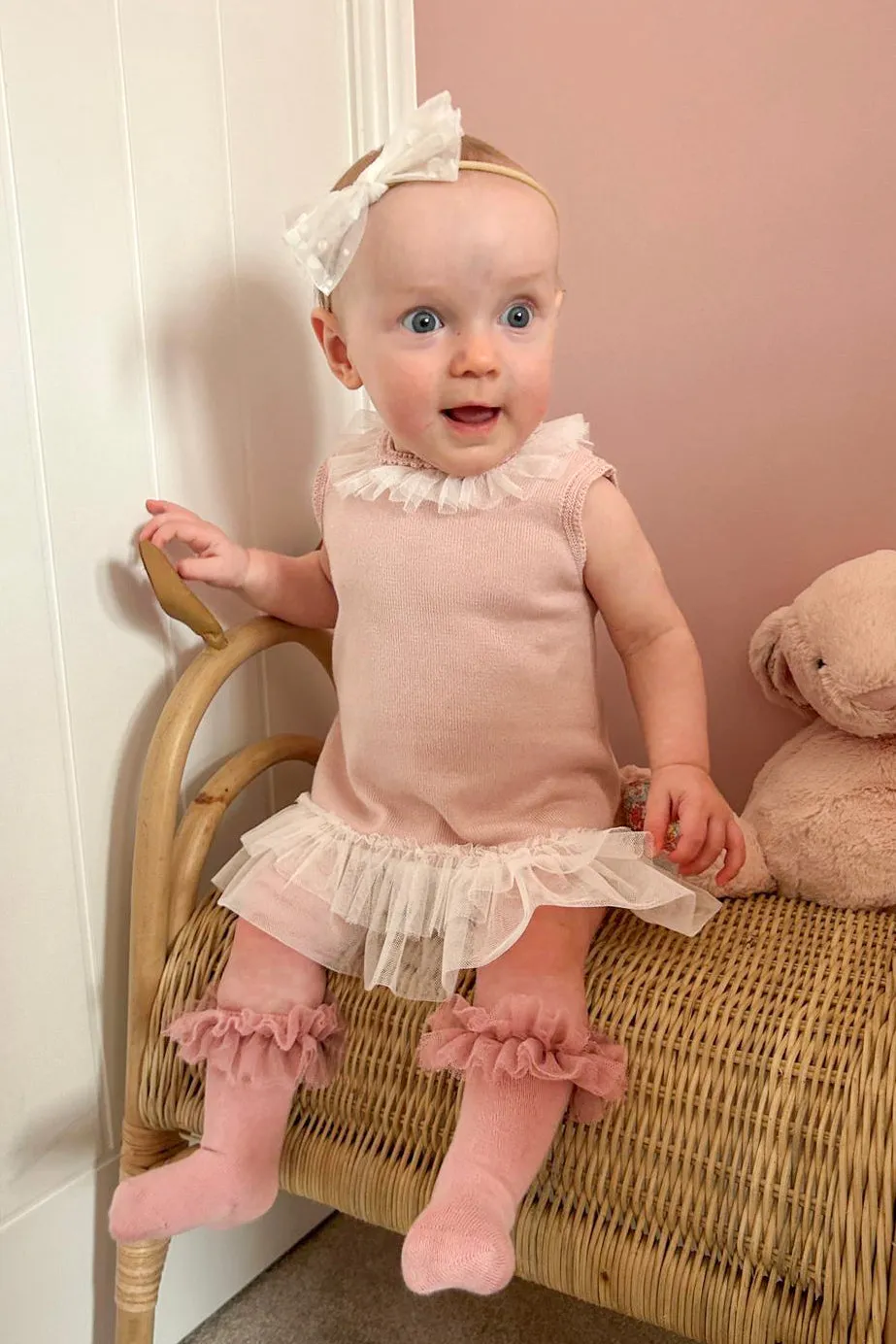 "Grace" Pale Rose Knit Tulle Bow Dress