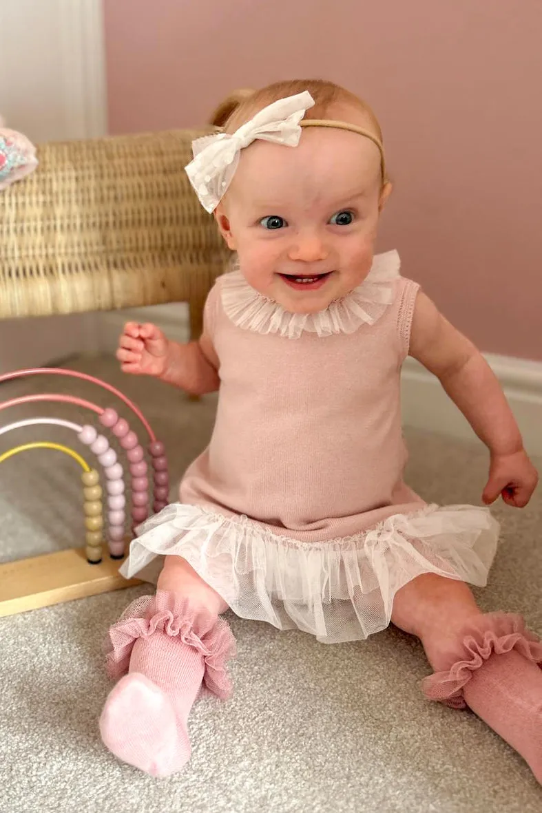 "Grace" Pale Rose Knit Tulle Bow Dress