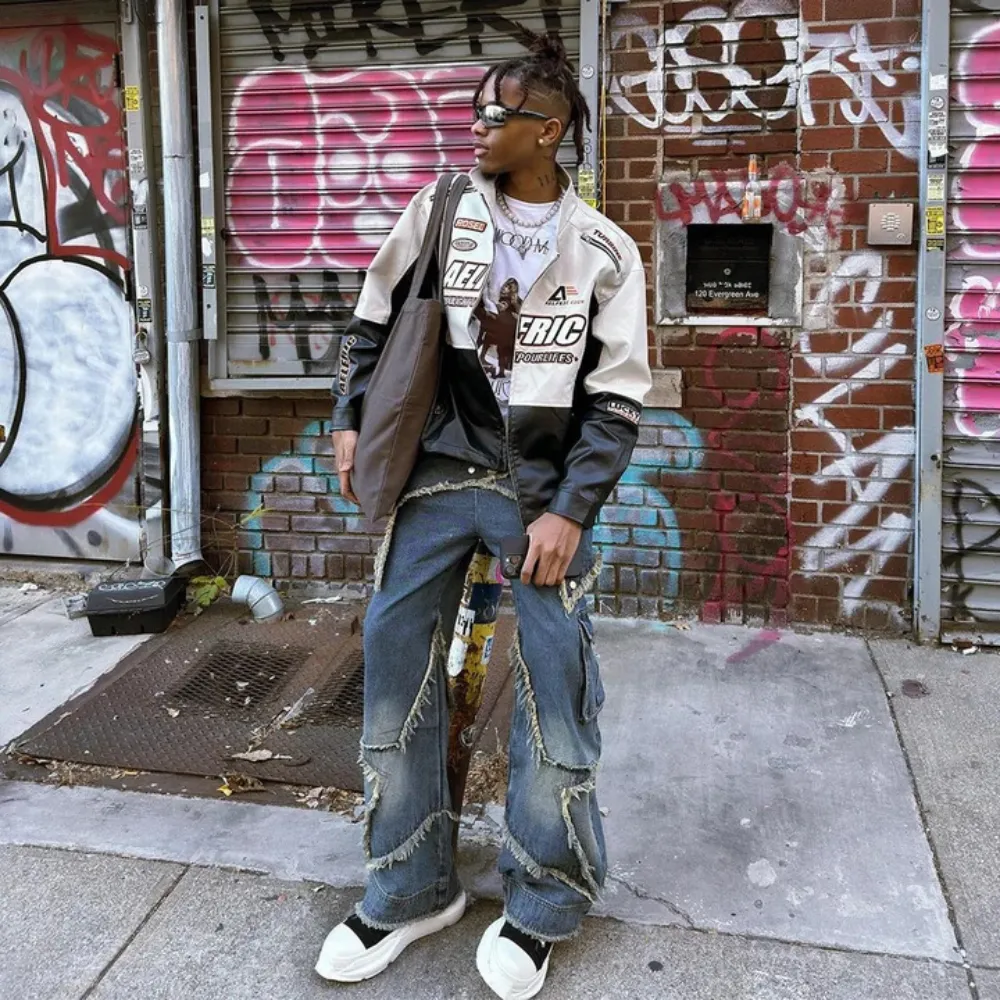 "High Street Pentagram Patched Raw Edge" Jeans