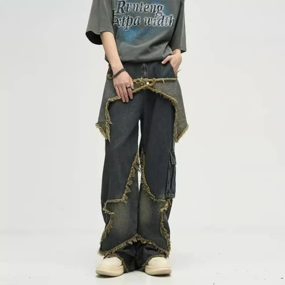 "High Street Pentagram Patched Raw Edge" Jeans