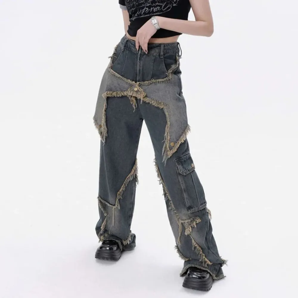 "High Street Pentagram Patched Raw Edge" Jeans