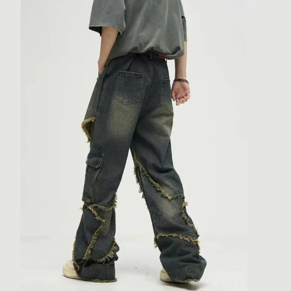 "High Street Pentagram Patched Raw Edge" Jeans