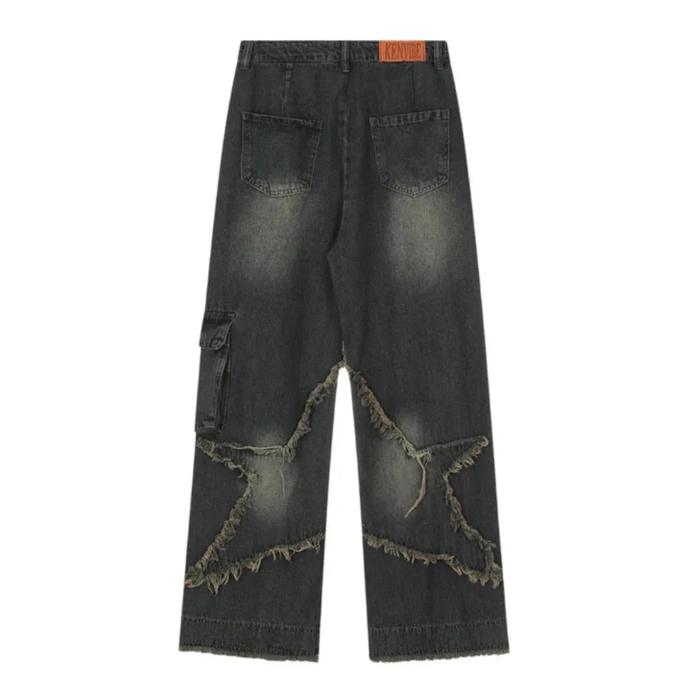 "High Street Pentagram Patched Raw Edge" Jeans