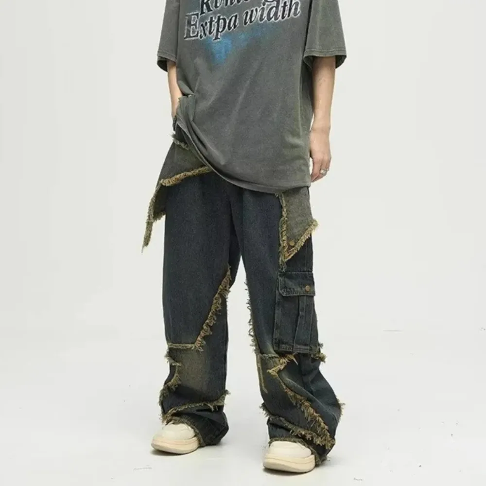 "High Street Pentagram Patched Raw Edge" Jeans