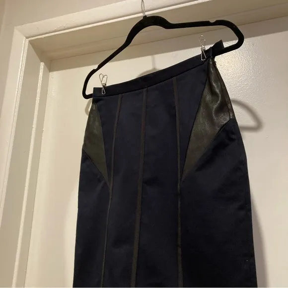 Rag &amp; Bone Cotton And Leather Pencil Skirt Navy Sleek Trendy