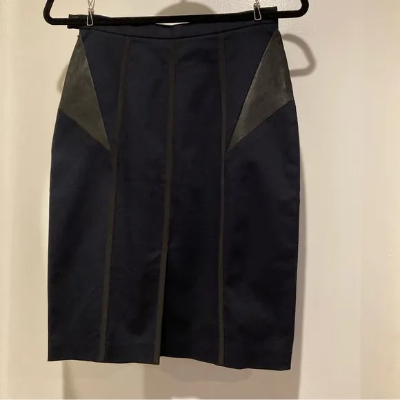 Rag &amp; Bone Cotton And Leather Pencil Skirt Navy Sleek Trendy