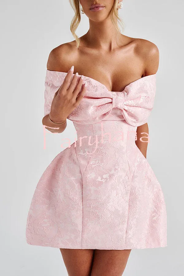 Raquel Floral Jacquard Oversized Off The Shoulder Bow Detail Mini Dress