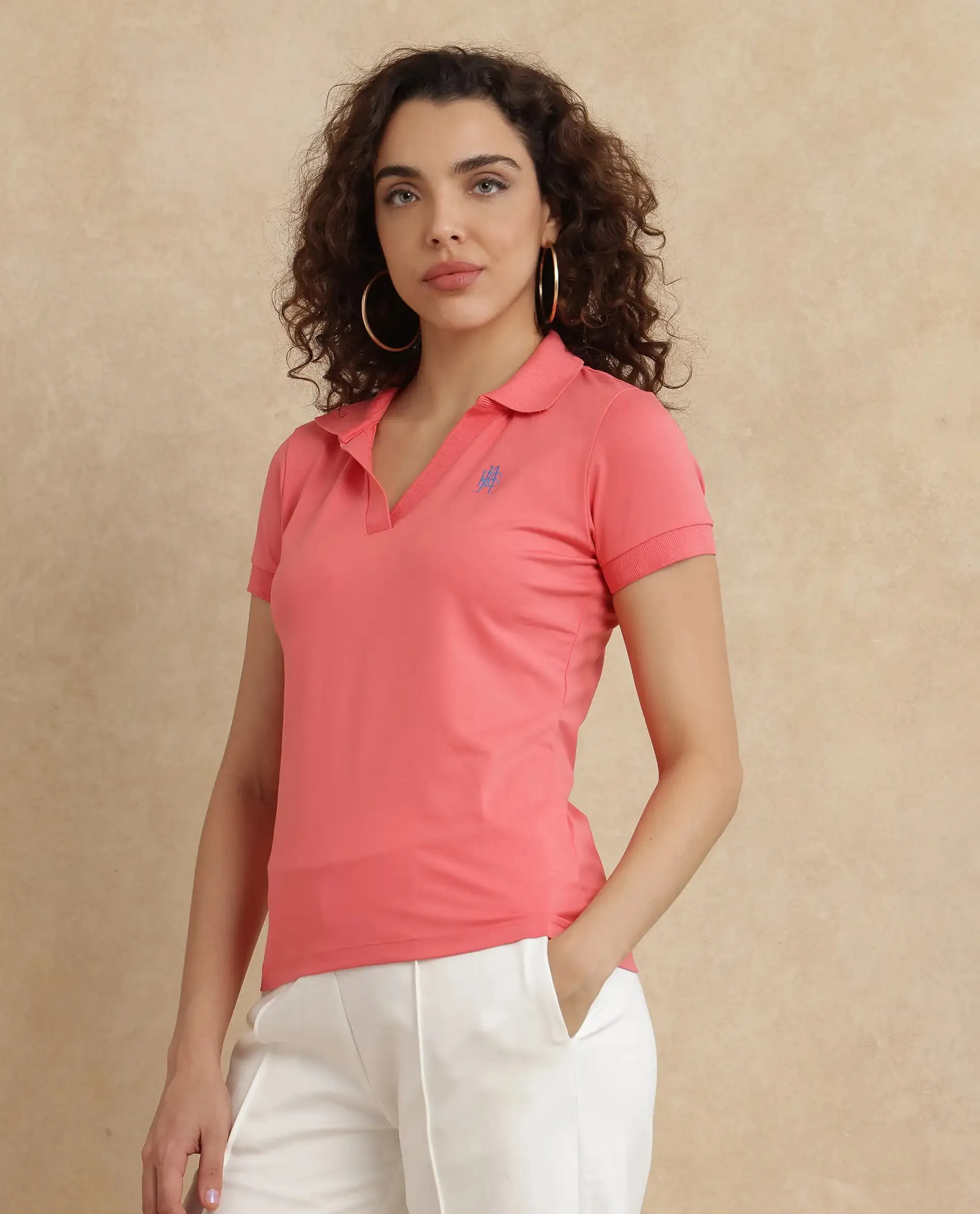 Rareism Women Bern Pastel Orange Cotton Poly Fabric Short Sleeve Polo Collar Plain Polo