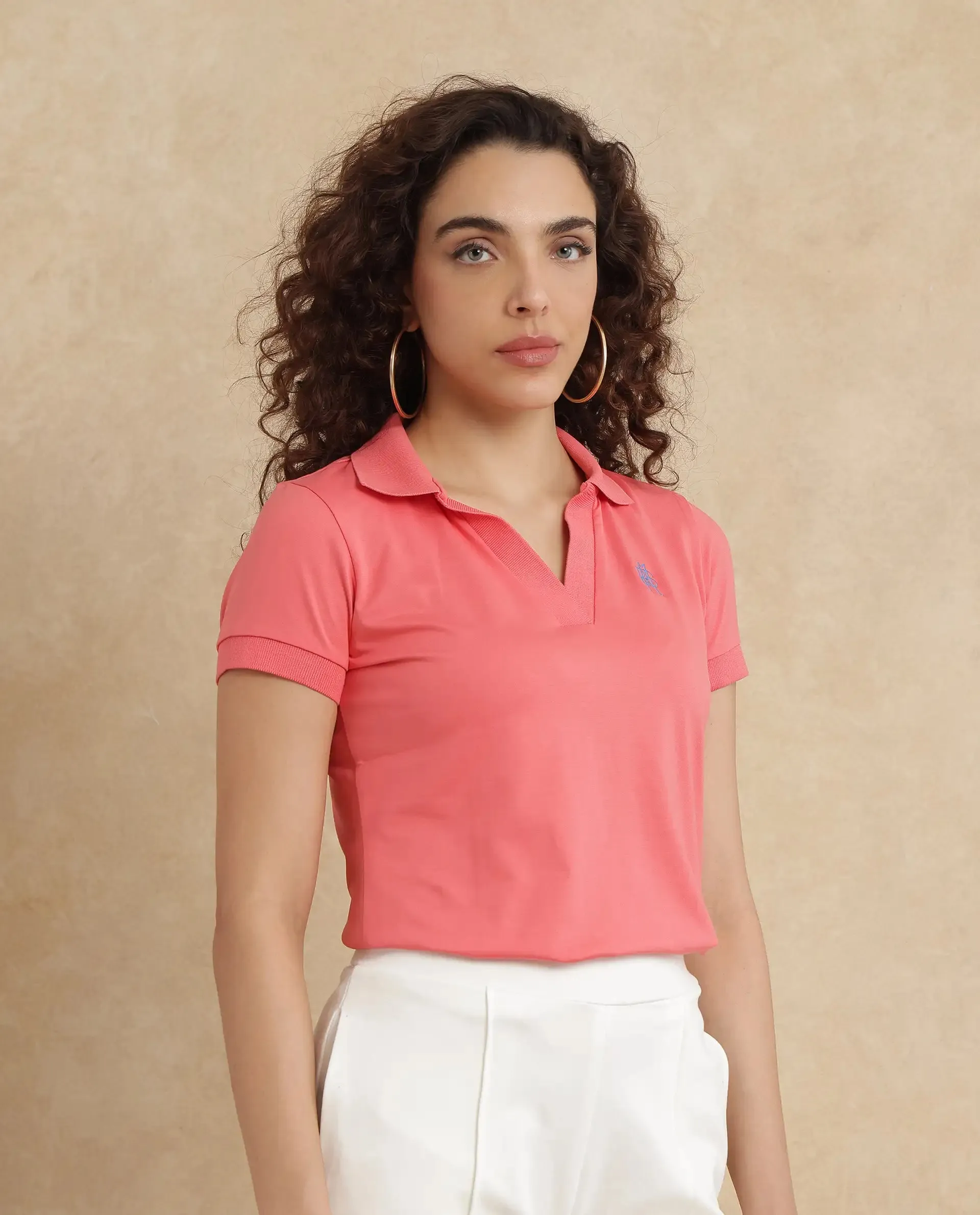 Rareism Women Bern Pastel Orange Cotton Poly Fabric Short Sleeve Polo Collar Plain Polo