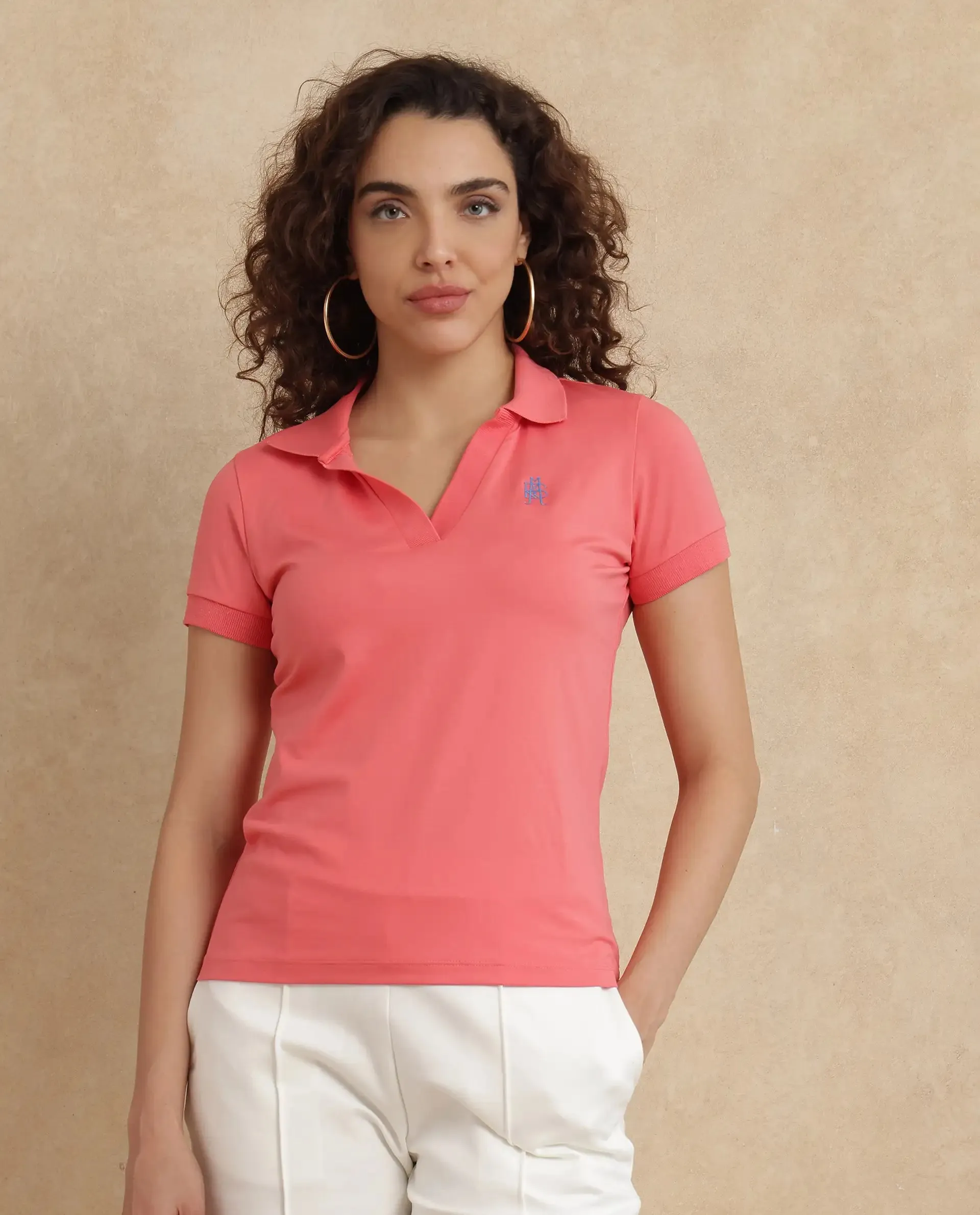 Rareism Women Bern Pastel Orange Cotton Poly Fabric Short Sleeve Polo Collar Plain Polo