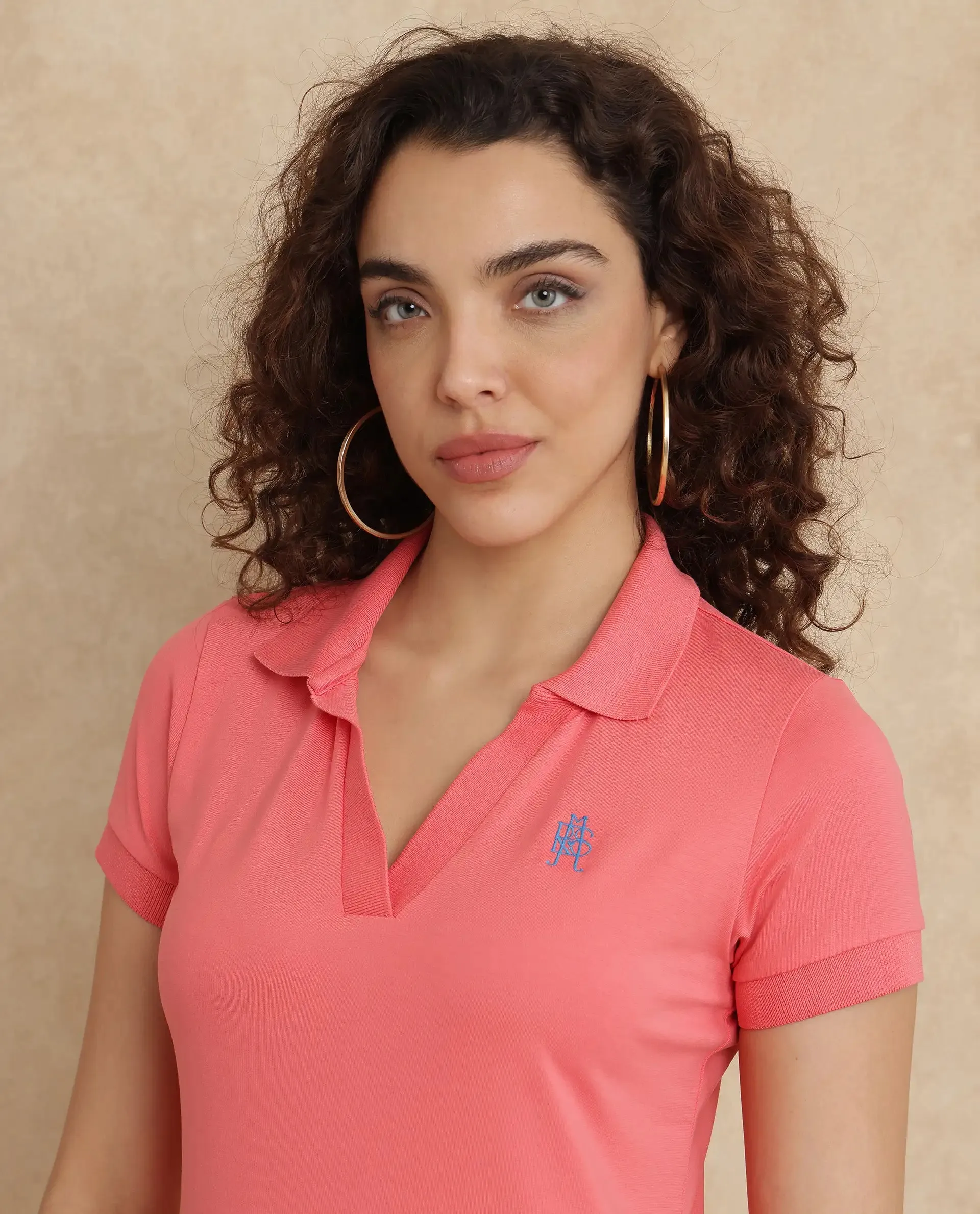 Rareism Women Bern Pastel Orange Cotton Poly Fabric Short Sleeve Polo Collar Plain Polo