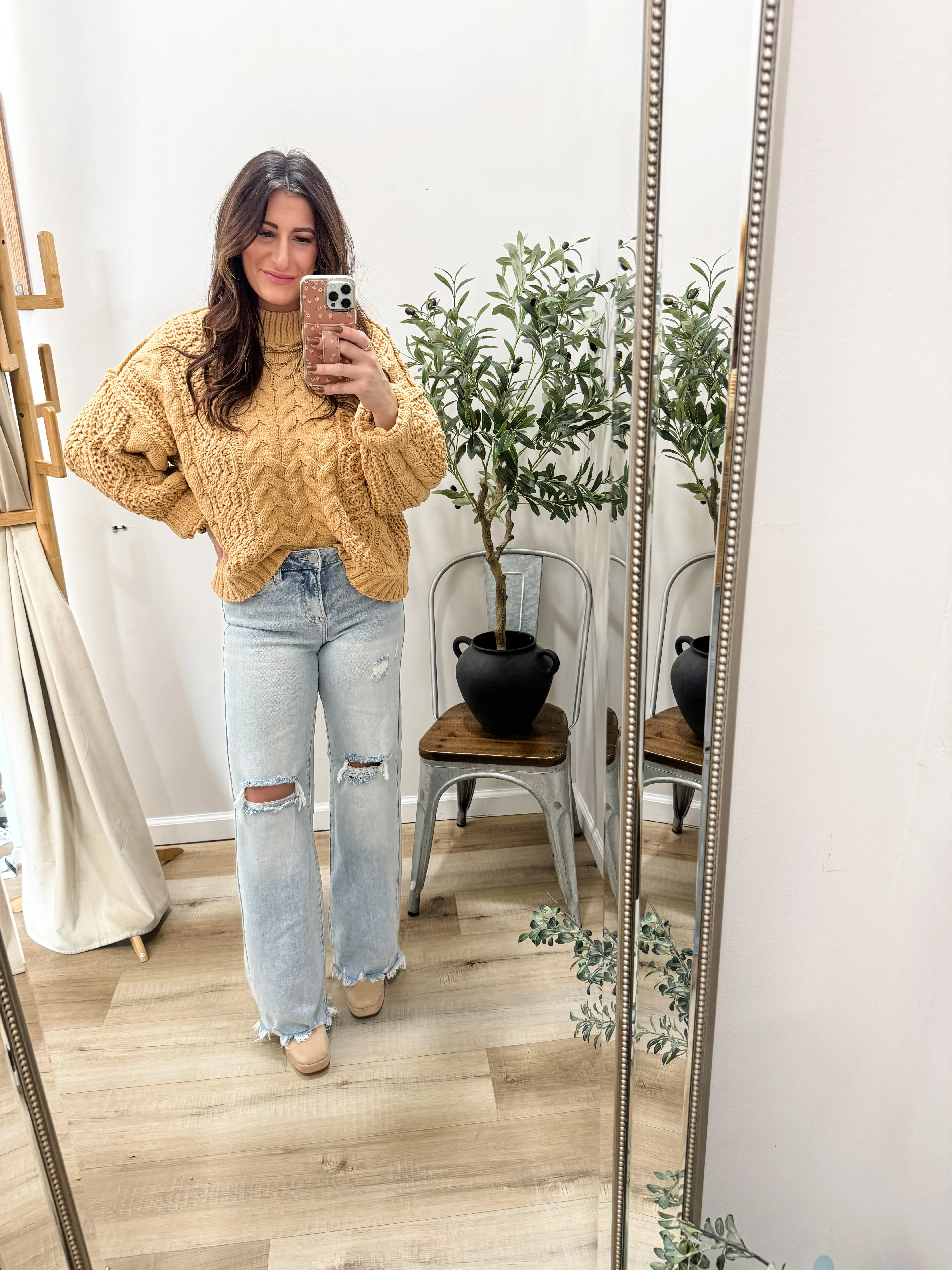 Risen High Rise Distressed Wide Leg Jeans