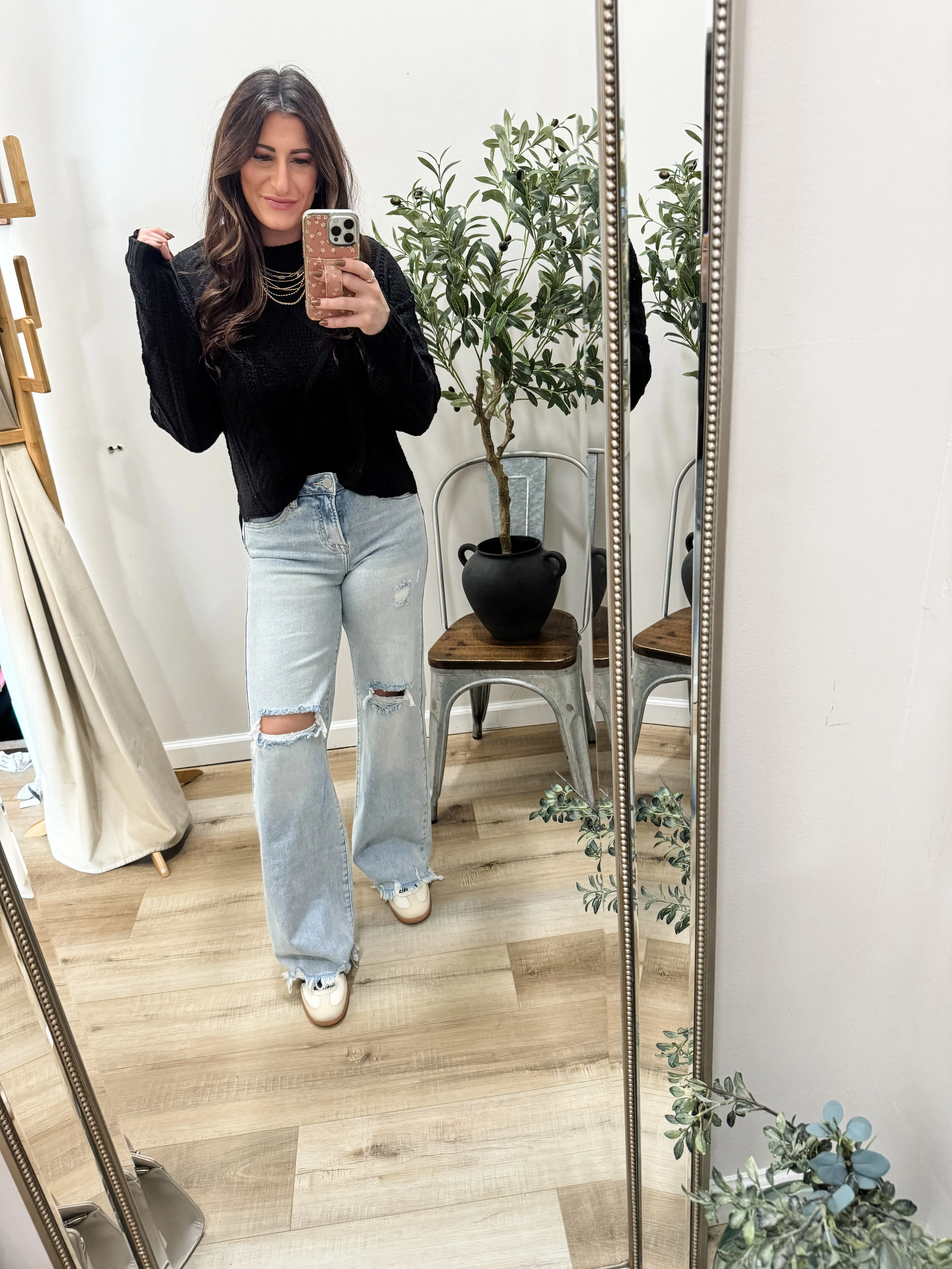 Risen High Rise Distressed Wide Leg Jeans