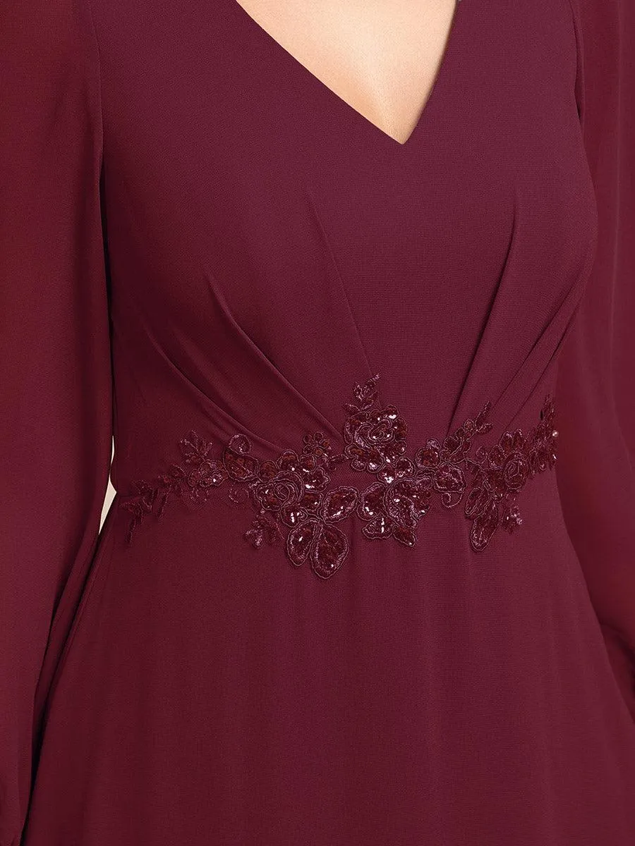 Robe de soirée formelle en mousseline de soie à manches longues et appliques à la taille