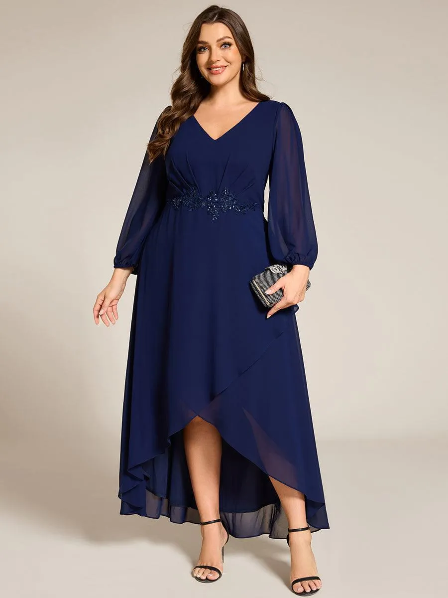 Robe de soirée formelle en mousseline de soie à manches longues et appliques à la taille