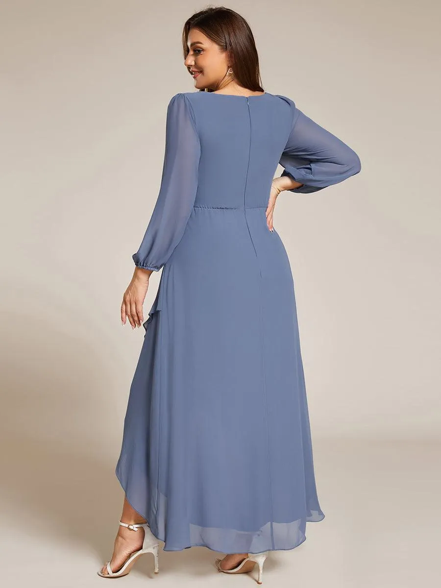 Robe de soirée formelle en mousseline de soie à manches longues et appliques à la taille