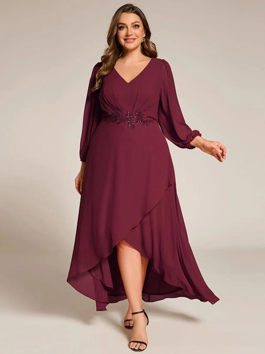 Robe de soirée formelle en mousseline de soie à manches longues et appliques à la taille