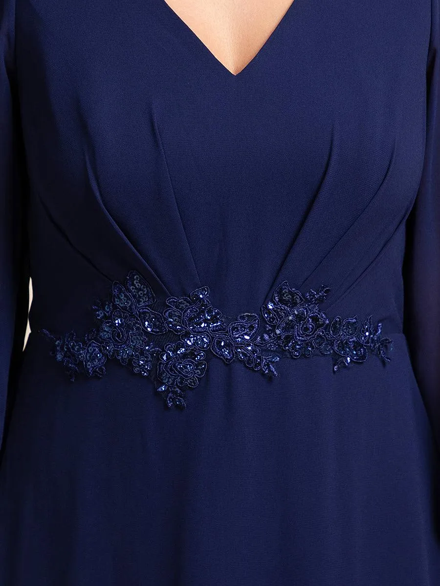 Robe de soirée formelle en mousseline de soie à manches longues et appliques à la taille