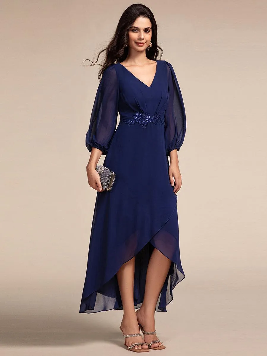 Robe de soirée formelle en mousseline de soie à manches longues et appliques à la taille