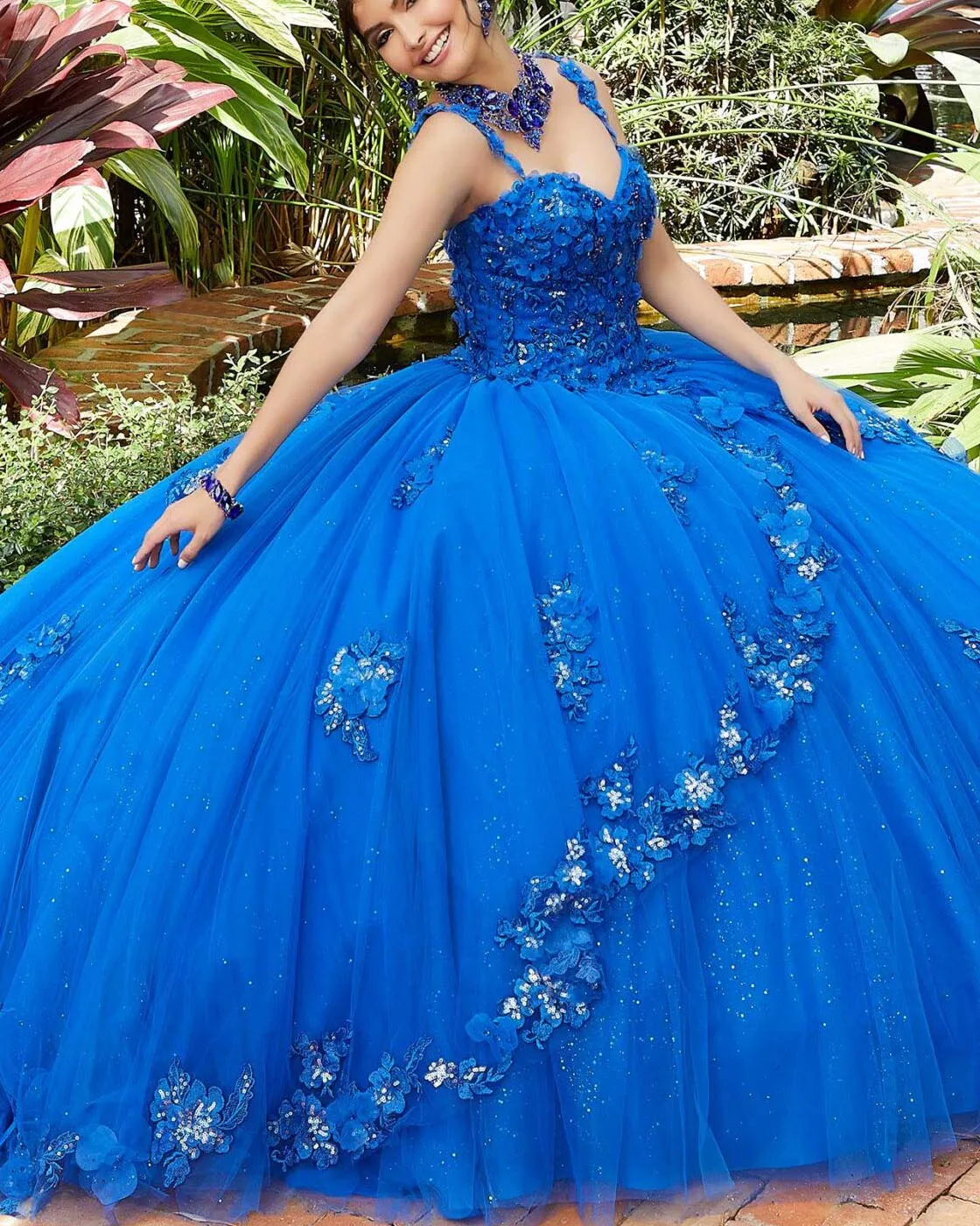Royal Blue Lace Quinceanera Dresses Sequined 3D Flowers Tulle Ball Gowns Sweet 16 Dress vestidos de quinceañera