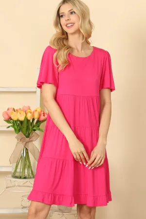 RUFFLE SHORT SLEEVE TIERED SOLID DRESS