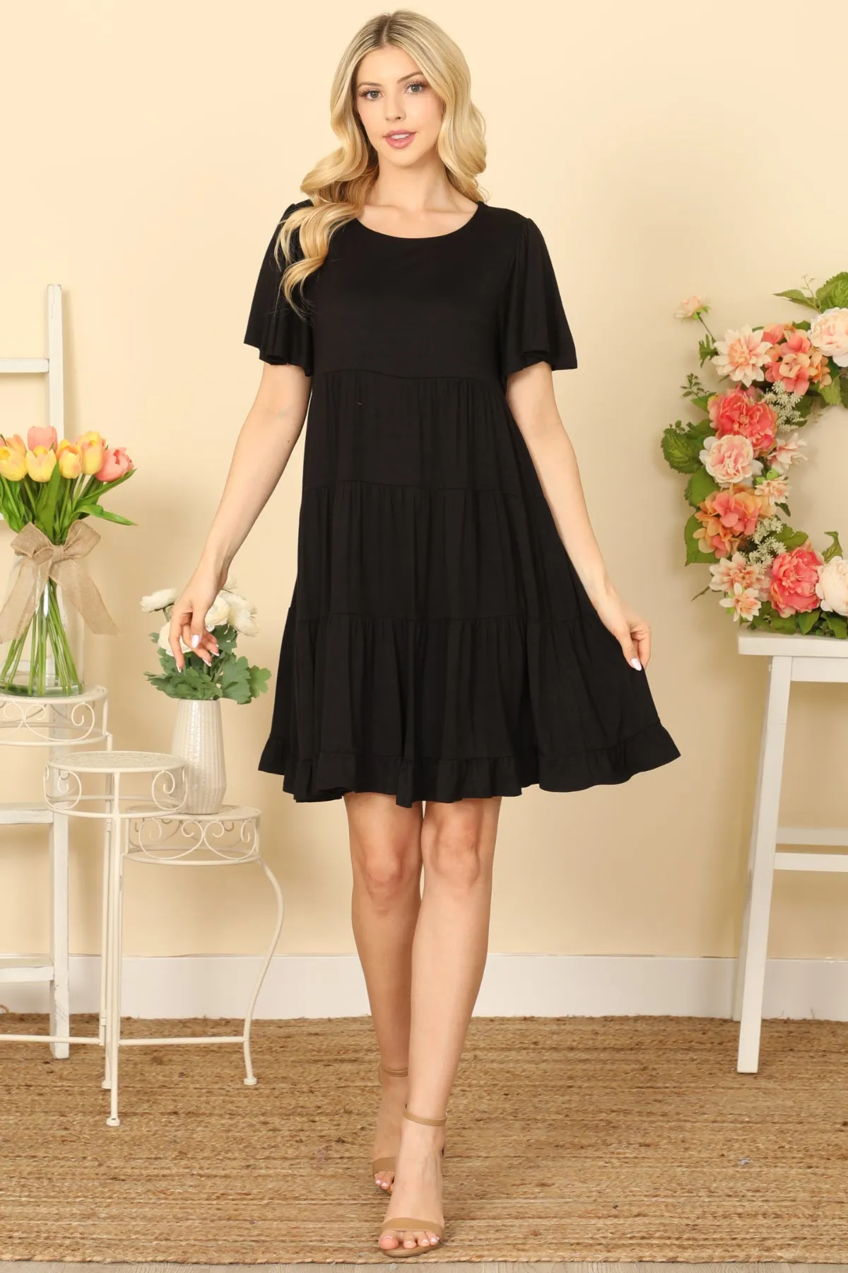 RUFFLE SHORT SLEEVE TIERED SOLID DRESS