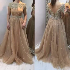 Scoop Neckline Long A-line V-back Lace Beaded Tulle Prom Dresses, PD0558