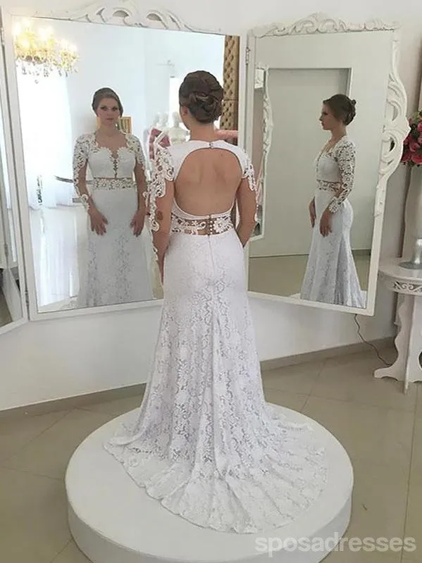Sexy Open Back Long Sleeves Lace Mermaid Wedding Dresses Online, WD419