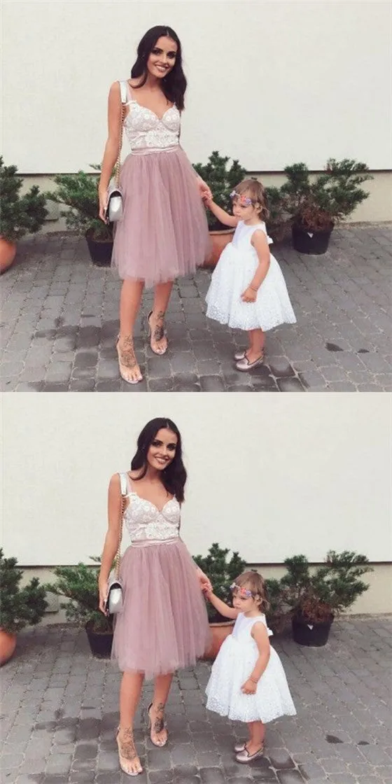 Sexy Spaghetti Strap V-neck Dusty Pink Tulle Homecoming Dresses with Lace, QB0215
