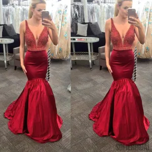 Sexy V-Neck Red Beaded Mermaid Satin Long Prom Dresses, PD0571