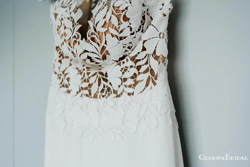Sexy V-neck Spaghetti Strap With Top Lace Long Cheap Wedding Dresses, QB0851