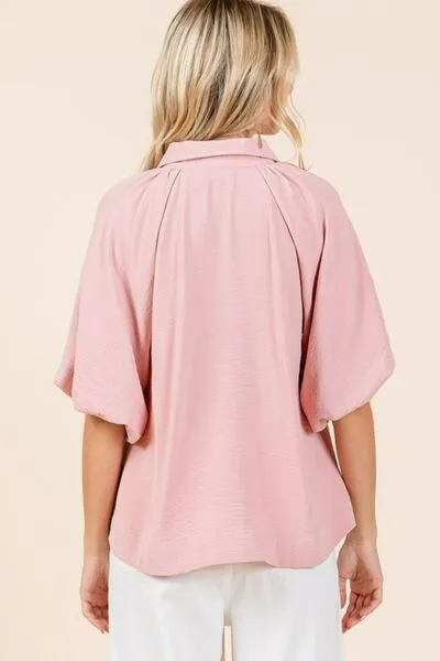 Short Bubble Sleeve Button Down Shirt in Rose