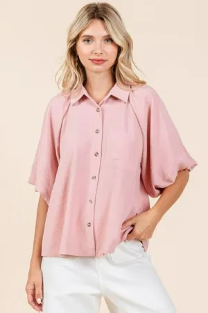 Short Bubble Sleeve Button Down Shirt in Rose