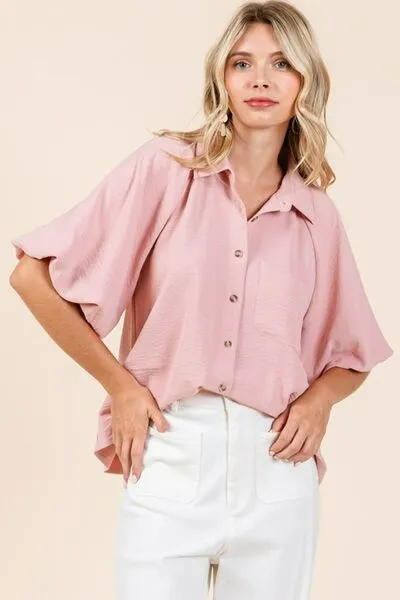 Short Bubble Sleeve Button Down Shirt in Rose
