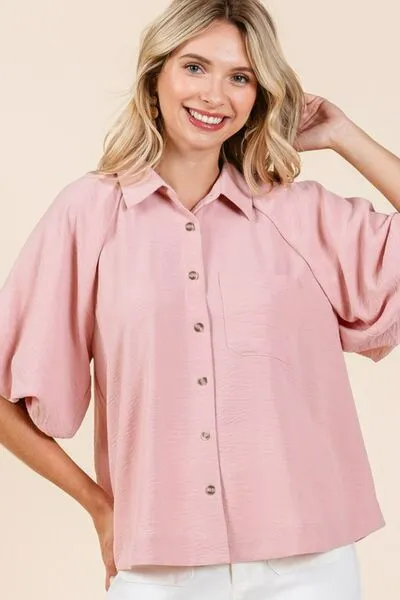 Short Bubble Sleeve Button Down Shirt in Rose