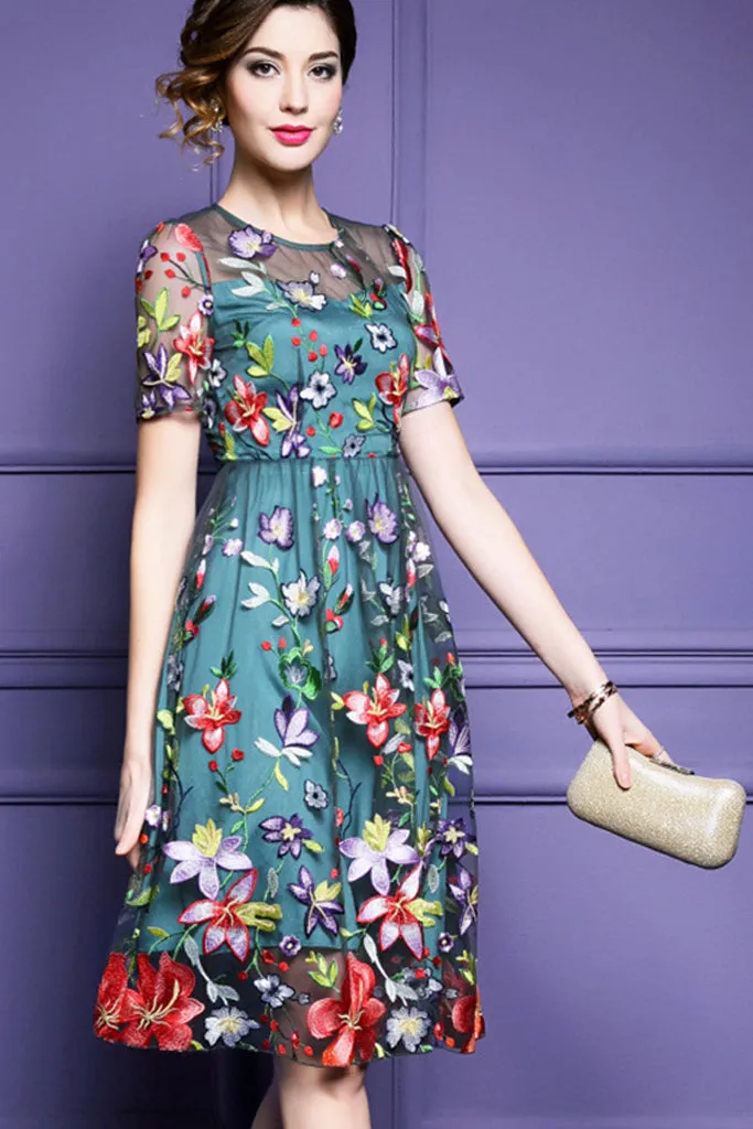 Short Sleeve Embroidered Midi Dress