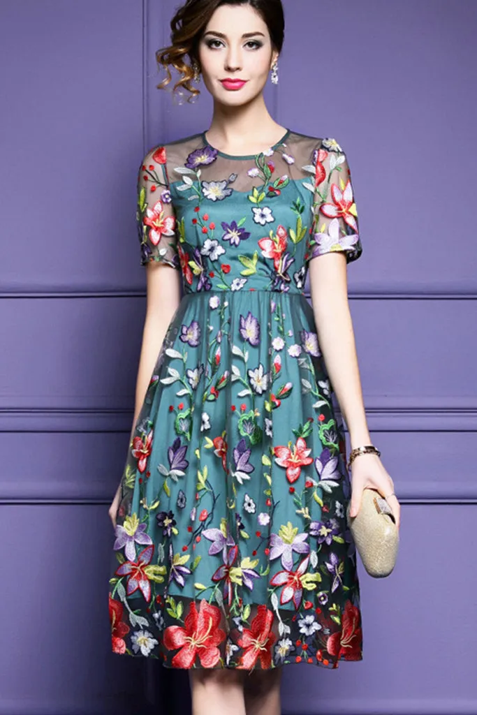 Short Sleeve Embroidered Midi Dress