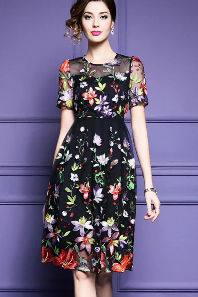 Short Sleeve Embroidered Midi Dress