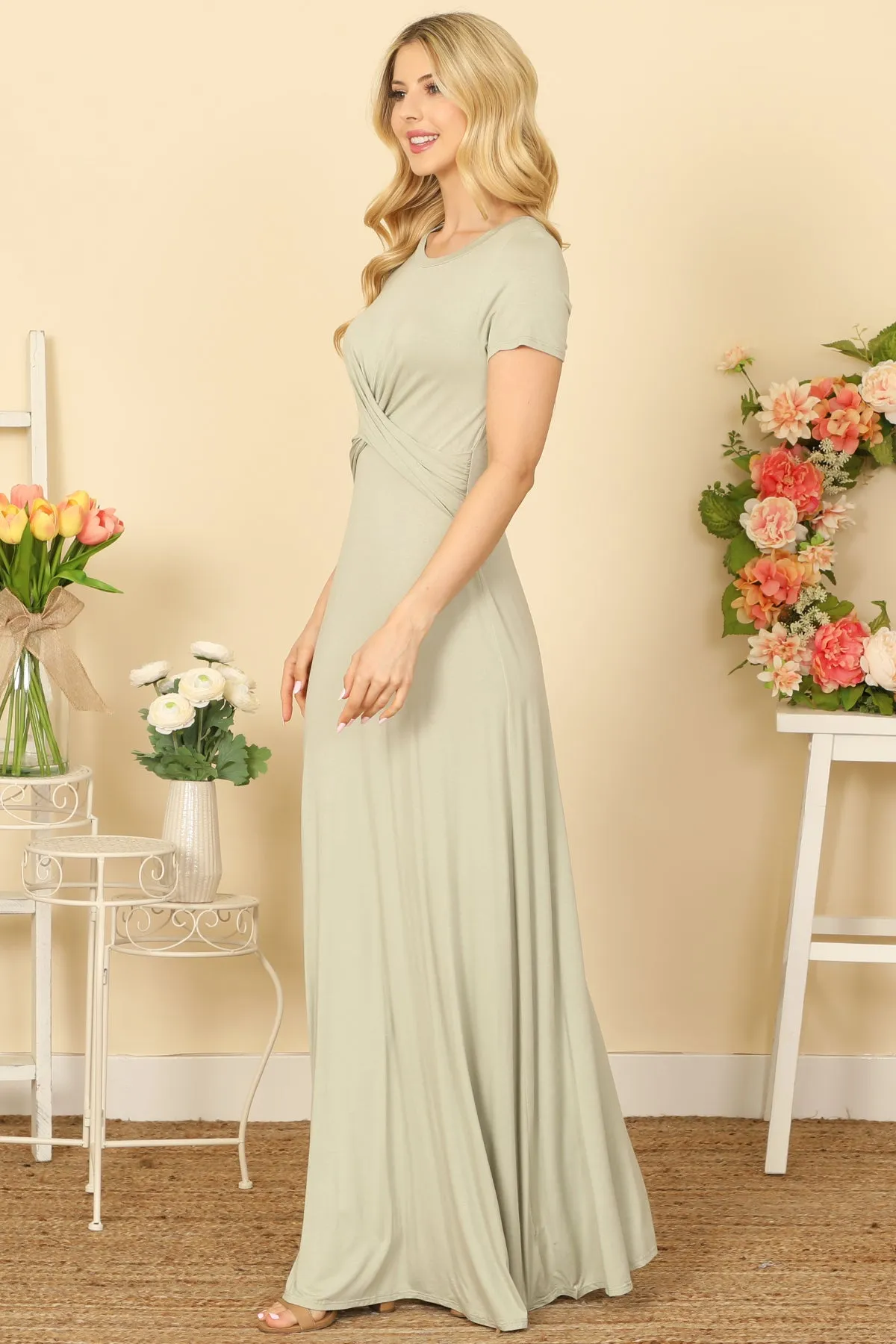 SHORT SLEEVE ROUND NECK CROSS FRONT SOLID MAXI DRESS
