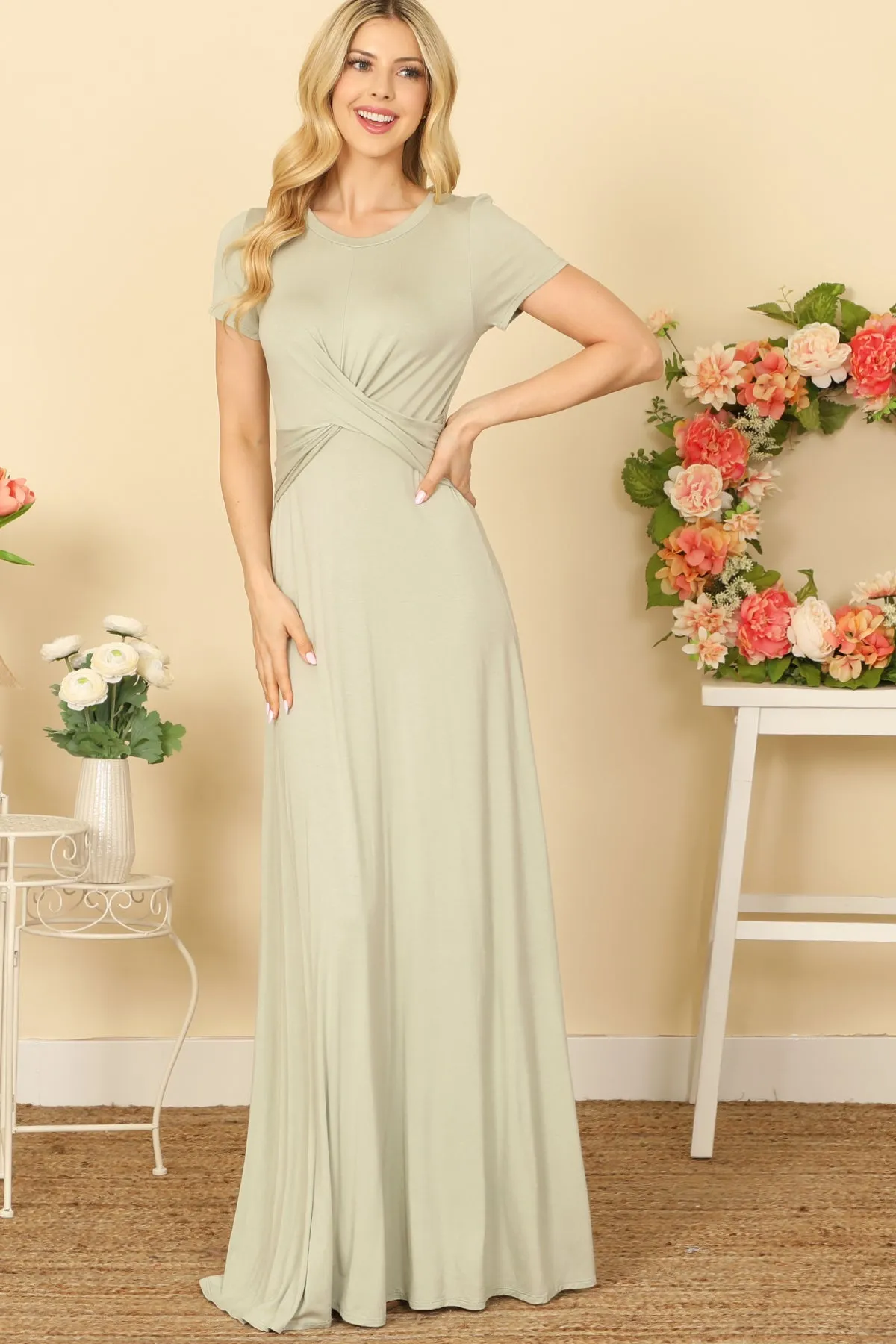 SHORT SLEEVE ROUND NECK CROSS FRONT SOLID MAXI DRESS