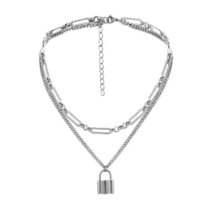 Silver-Plated Lock Layered Pendant Necklace