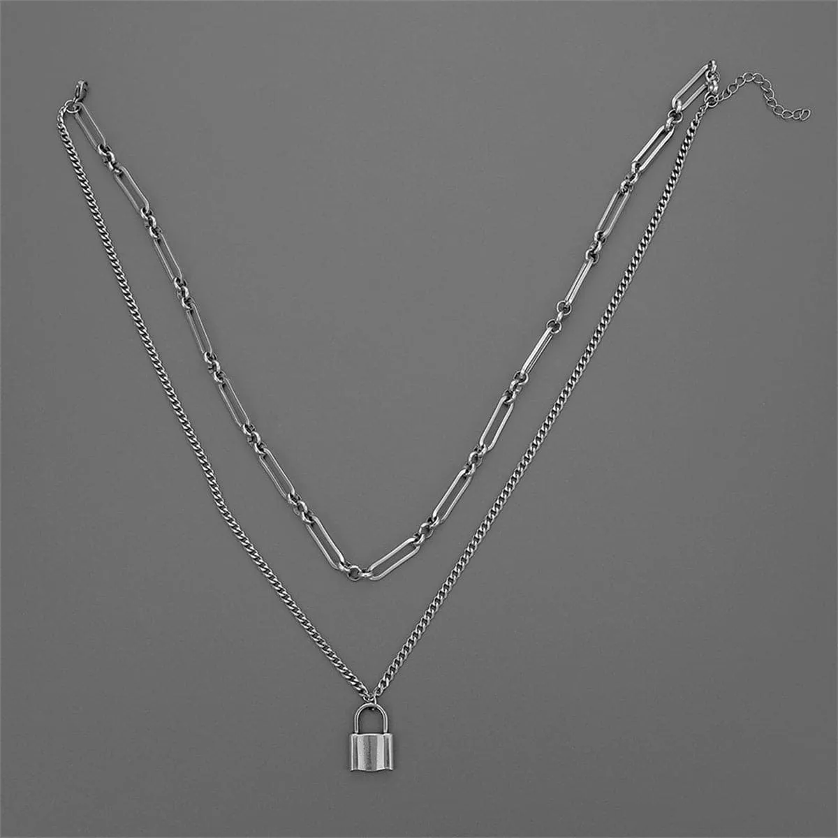 Silver-Plated Lock Layered Pendant Necklace