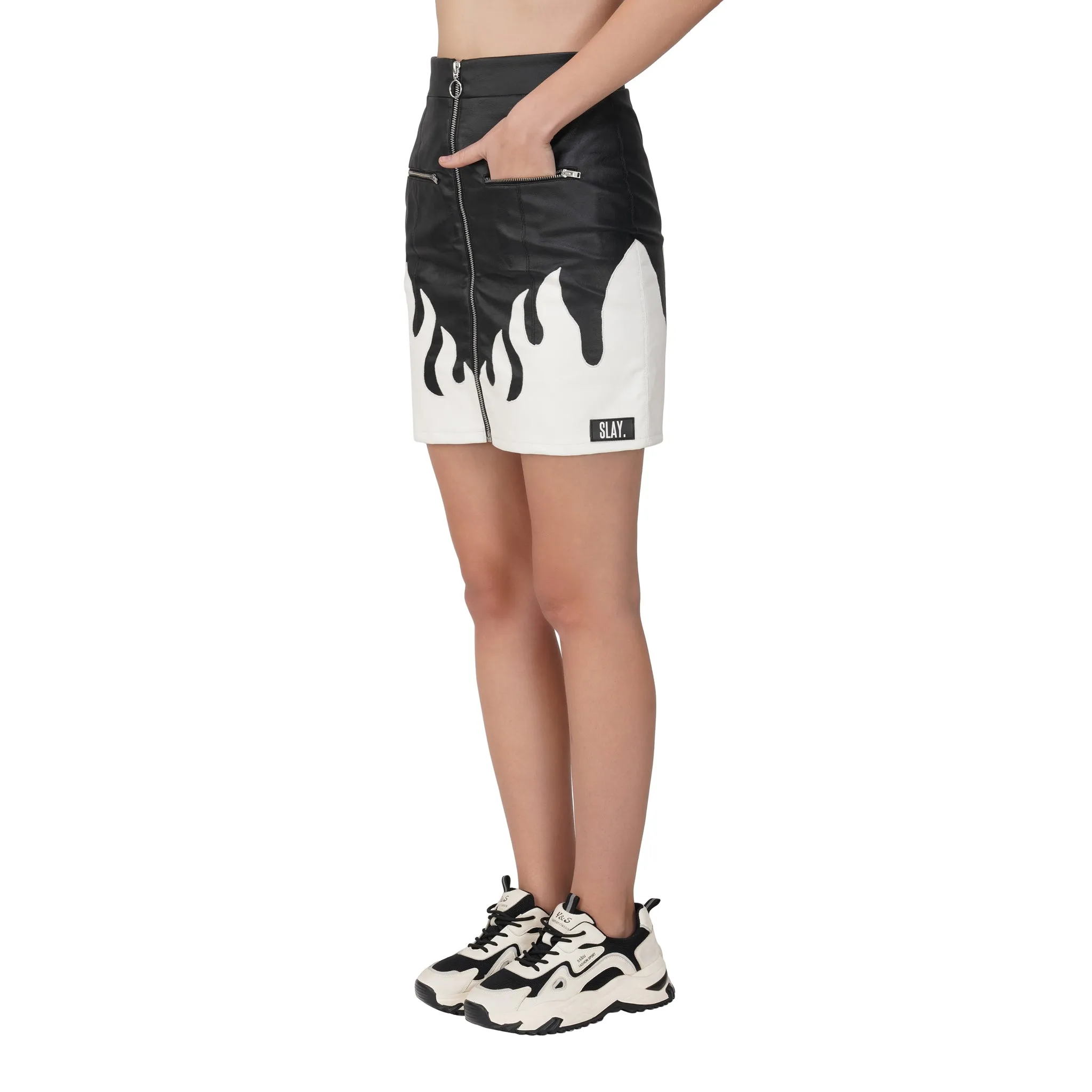 SLAY. Women's Faux Leather Flame Mini Skirt Black & White